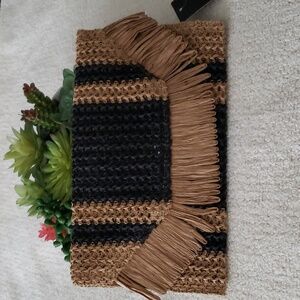 Bohemian Style Black & Brown Woven Straw Clutch. NWT